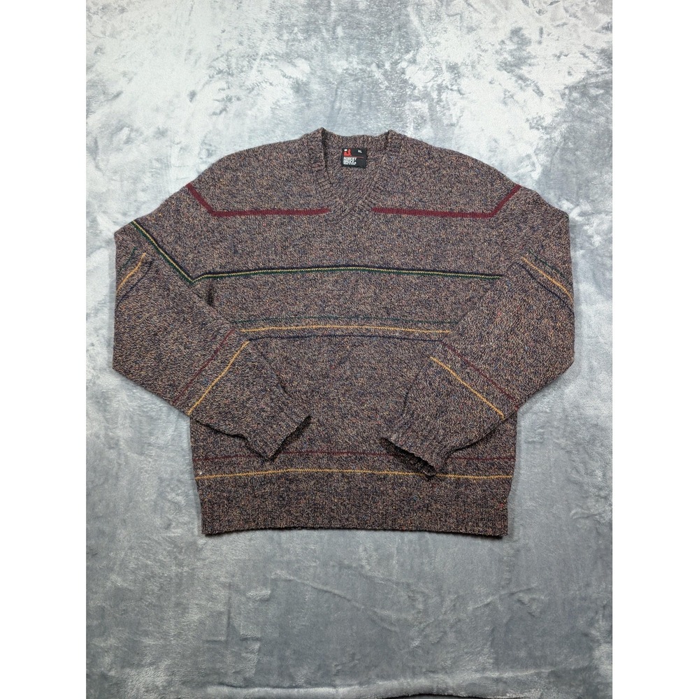 VINTAGE Robert Bruce Sweater Mens XL Brown Knit Stripe V Neck Made USA 90s
